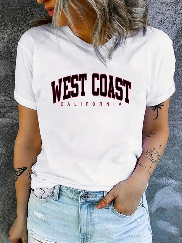 Women's Letter Print Round Neck Tee, Casual Short Sleeve Crew Neck T-Shirt, Women's Top for Daily Wear Hoodie, Sweatshirt