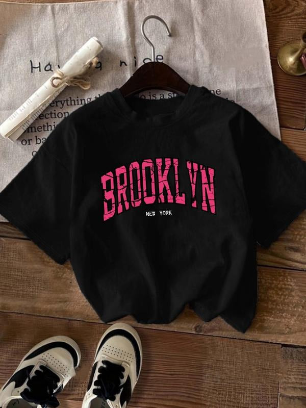 Women's Letter Print Round Neck Tee, Casual Short Sleeve Crew Neck T-shirt for Daily Wear, Ladies Clothes for All Seasons...
