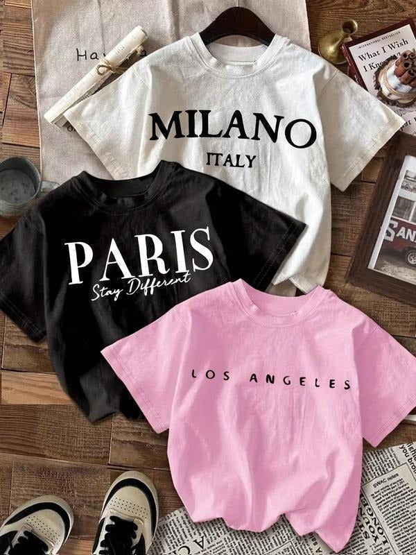 Women's Letter Print Round Neck Tee, Casual Short Sleeve Crew Neck T-shirt for Daily Wear, Ladies Clothes for All Seasons...