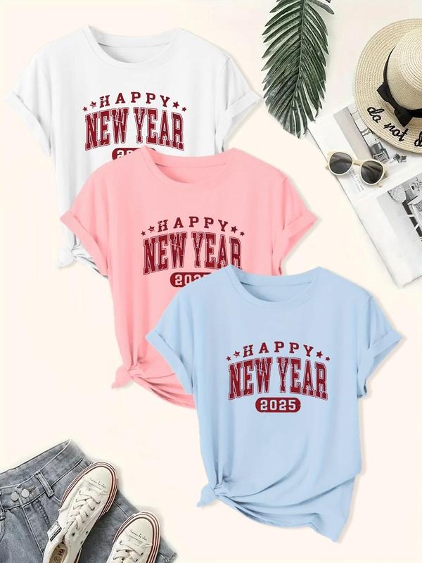 Women's Letter Print Round Neck Tee, Casual Short Sleeve Crew Neck T-shirt for Daily Wear, Ladies Clothes for All Seasons...