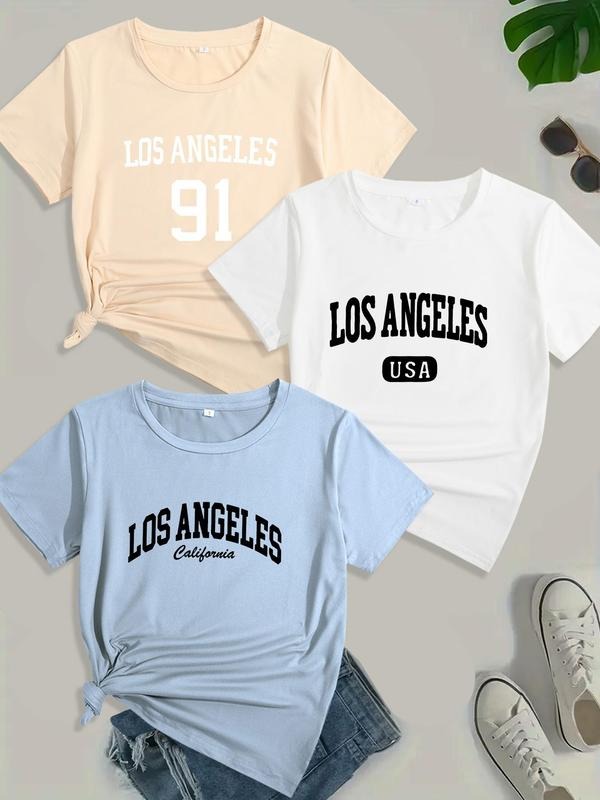 Women's Letter Print Round Neck Tee, Casual Short Sleeve Crew Neck T-shirt for Daily Wear, Ladies Clothes for All Seasons...