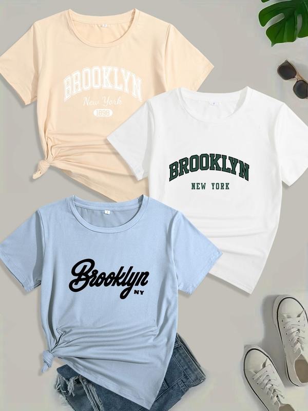Women's Letter Print Round Neck Tee, Casual Short Sleeve Crew Neck T-shirt for Daily Wear, Ladies Clothes for All Seasons...