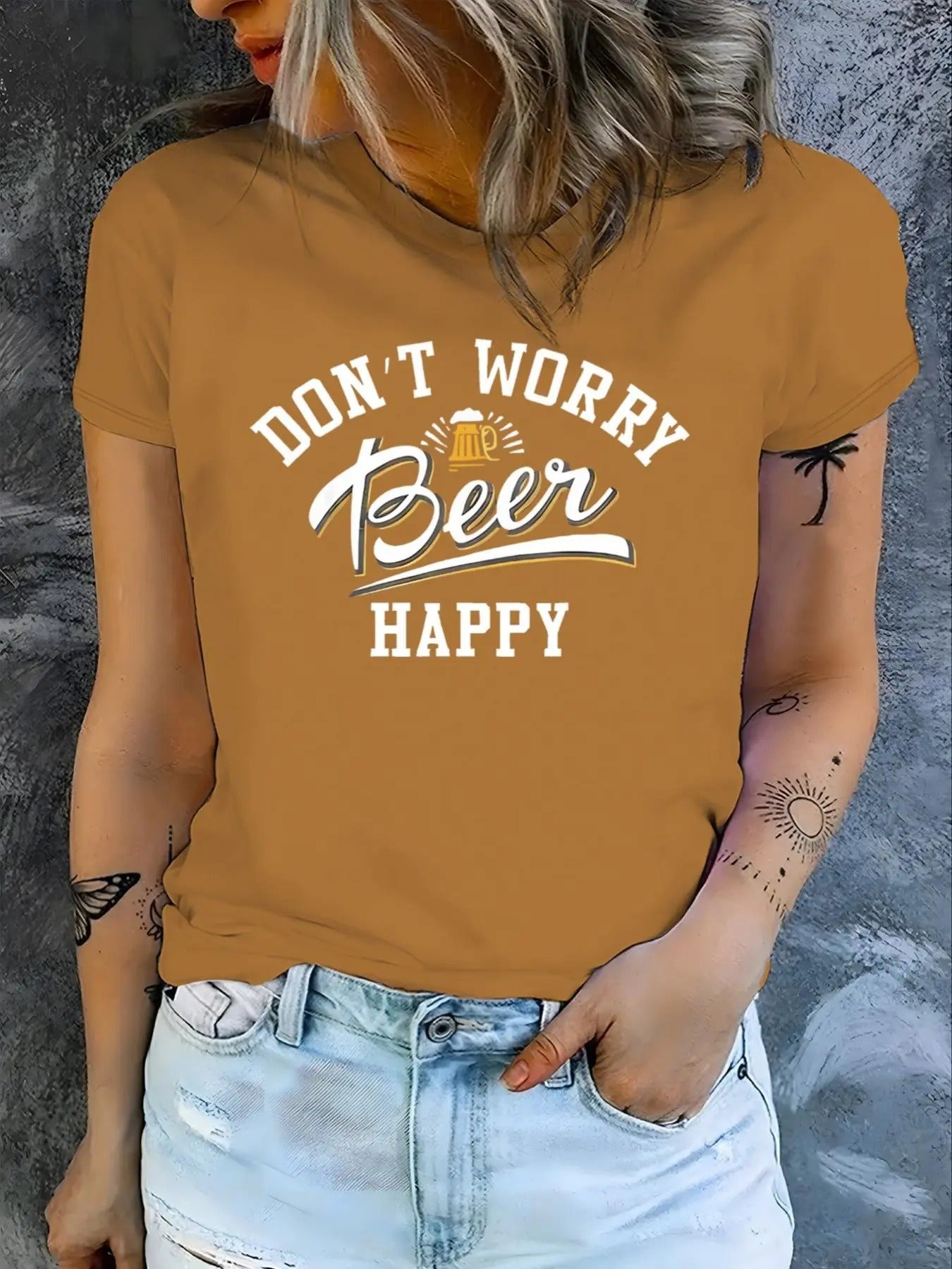 Women's Letter Print Round Neck Tee, Casual Short Sleeve Crew Neck T-shirt for Daily Wear, Ladies Clothes for All Seasons...