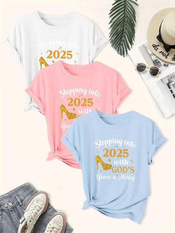 Women's Letter Print Round Neck Tee, Casual Short Sleeve Crew Neck T-shirt for Daily Wear, Ladies Clothes for All Seasons...