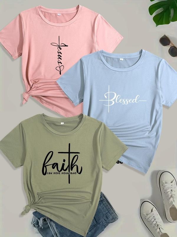 Women's Letter Print Round Neck Tee, Casual Short Sleeve Crew Neck T-shirt for Daily Wear, Ladies Clothes for All Seasons...