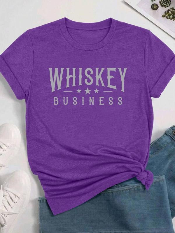 Women's Letter Print Round Neck Tee, Casual Short Sleeve Crew Neck T-shirt for Daily Wear, Ladies Clothes for All...
