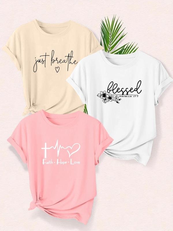 Women's Letter Print Round Neck Tee, Casual Short Sleeve Crew Neck T-shirt for Daily Wear, Ladies Clothes for Summer, Top...