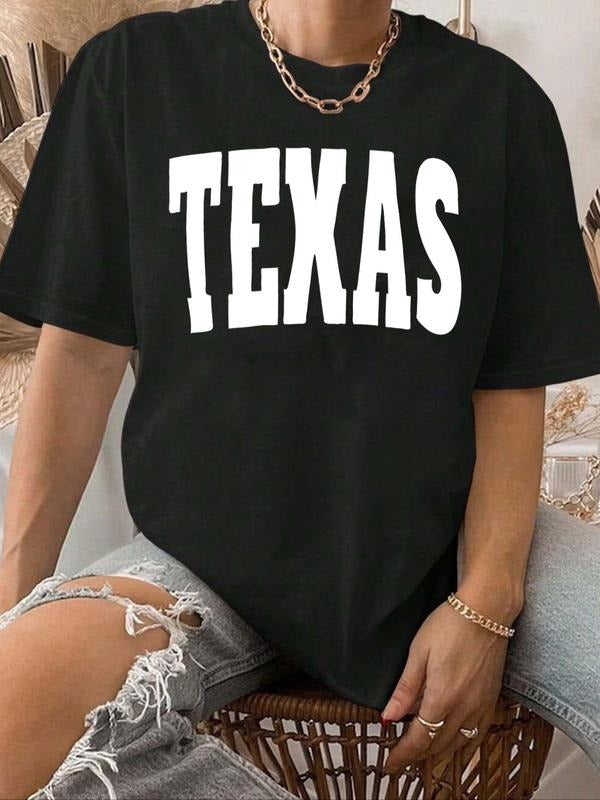 Women's Letter Print Round Neck Tee, Casual Short Sleeve Crew Neck T-shirt for Daily Wear, Women's Top for Summer Wear,...