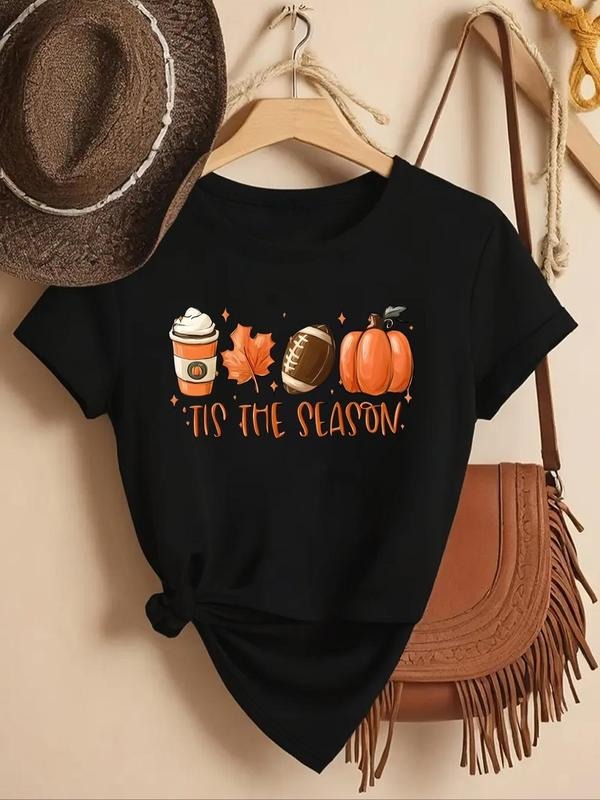 Women's Letter Print Round Neck Tee, Casual Short Sleeve Crew Neck T-shirt for Fall & Winter, Women's Top for Daily Wear...