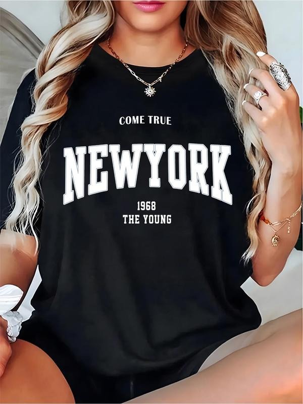 Women's Letter Print Round Neck Tee, Casual Short Sleeve Crew Neck T-shirt for Summer, Fashion Women's Top for Daily Wear...