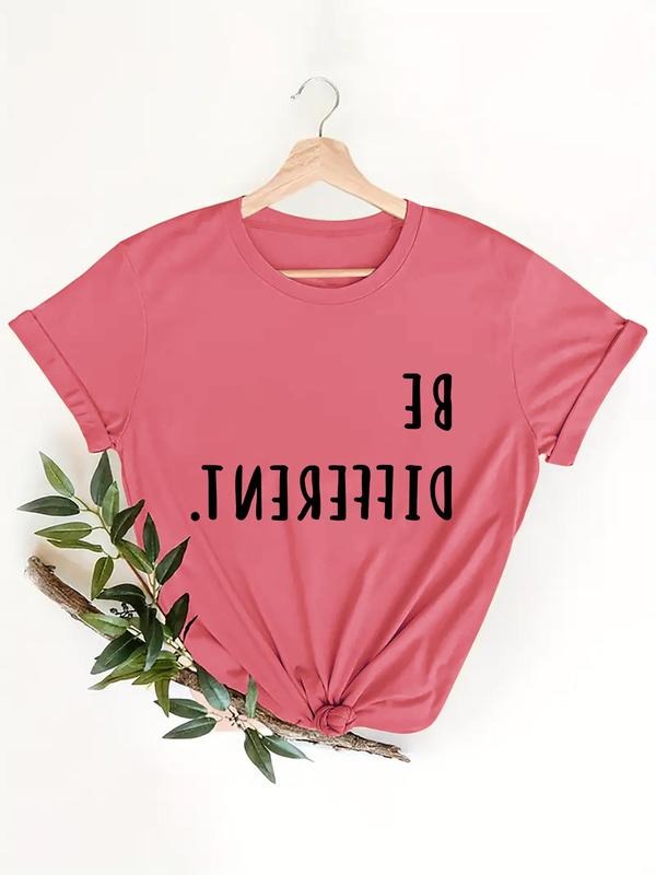 Women's Letter Print Round Neck Tee, Casual Short Sleeve Crew Neck T-shirt for Summer, Fashion Women's Top for Daily Wear...