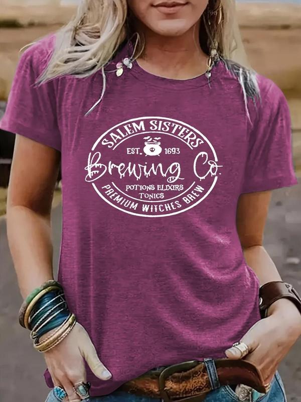 Women's Letter Print Round Neck Tee, Casual Short Sleeve Crew Neck T-shirt for Summer, Fashion Women's Top for Daily Wear...