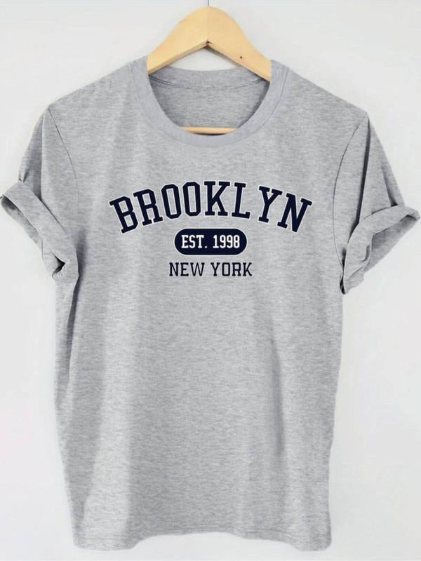 Women's Letter Print Round Neck Tee, Casual Short Sleeve Crew Neck T-shirt for Summer, Fashion Women's Top for Daily Wear...