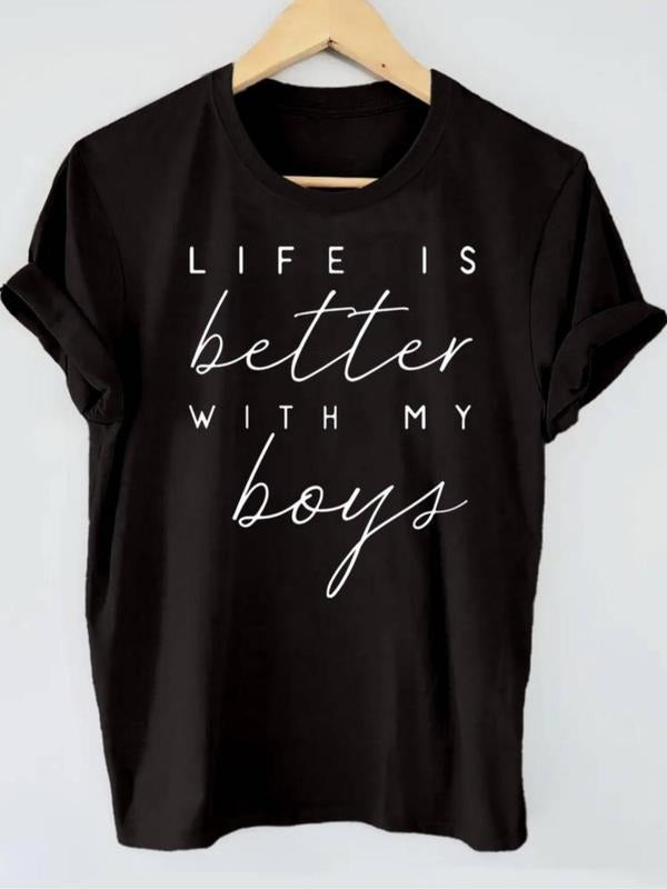 Women's Letter Print Round Neck Tee, Casual Short Sleeve Crew Neck T-shirt for Summer, Fashion Women's Top for Daily Wear...