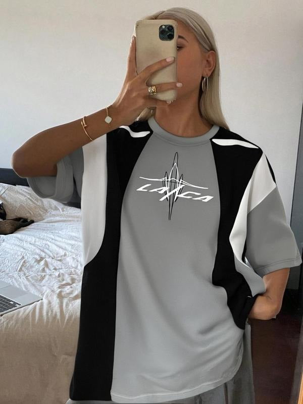 Women's Letter Print Round Neck Tee, Casual Short Sleeve Crew Neck T-shirt for Summer, Fashion Women's Top for Daily Wear...
