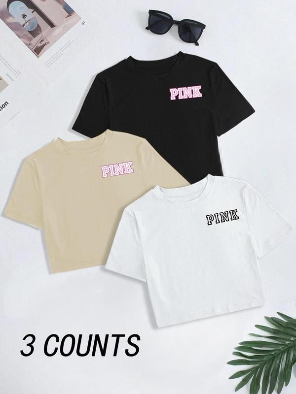 Women's Letter Print Round Neck Tee, Casual Short Sleeve Crew Neck T-shirt for Summer, Fashion Women's Top for Daily Wear...