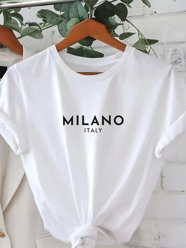 Women's Letter Print Round Neck Tee, Casual Short Sleeve Crew Neck T-shirt for Summer, Women's Top for Daily Wear Hoodie,...