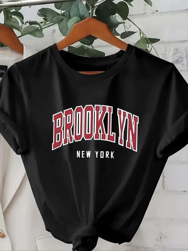 Women's Letter Print Round Neck Tee, Casual Short Sleeve Crew Neck T-shirt, Ladies Summer Outfit Hoodie, Sweatshirt
