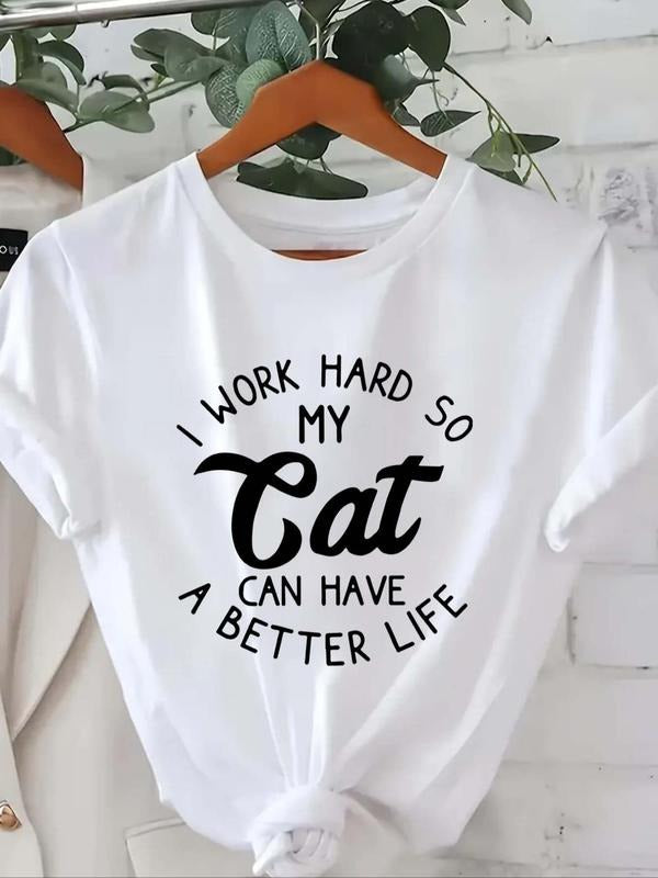 Women's Letter Print Round Neck Tee, Casual Short Sleeve Crew Neck T-shirt, Ladies Summer Outfit for Daily Wear Hoodie,...