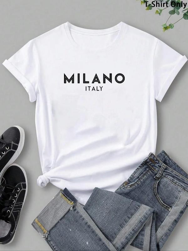 Women's Letter Print Round Neck Tee, Casual Short Sleeve Graphic T-shirt, Ladies All Seasons Outfit for Daily Wear...