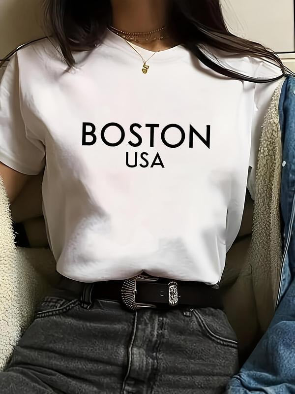 Women's Letter Print Round Neck Tee, Casual Short Sleeve T-shirt for Daily Wear, Ladies All Seasons Outfit style 05...