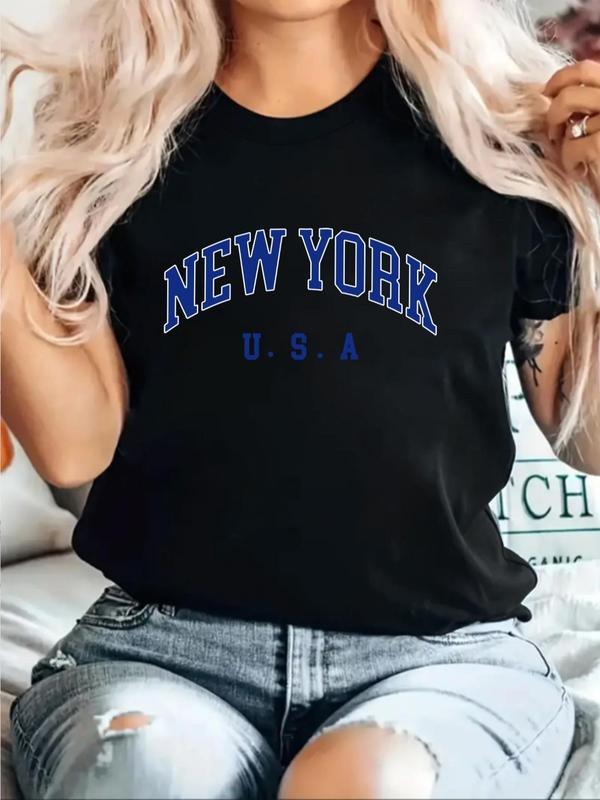 Women's Letter Print Round Neck Tee, Casual Short Sleeve T-shirt for Summer, Ladies Clothes for Daily Wear style 02...