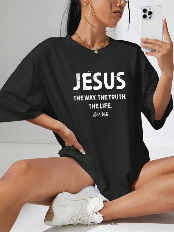 Women's Letter Print Round Neck Tee, Fashion Casual Crew Neck Short Sleeve T-Shirt for Summer, Women's Top for Daily...