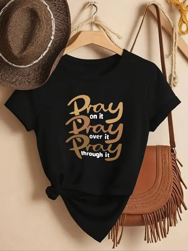 Women's Letter Print Round Neck Tee, Fashion Casual Crew Neck Short Sleeve T-shirt for Daily Outdoor Wear, Women's...