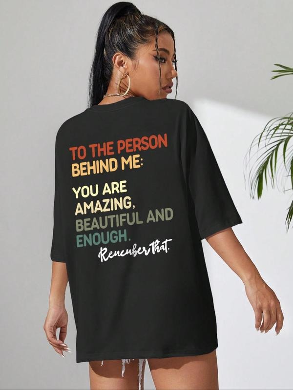 Women's Letter Print Round Neck Tee, Fashion Casual Drop Shoulder Short Sleeve T-shirt for Daily Wear, Ladies Summer...