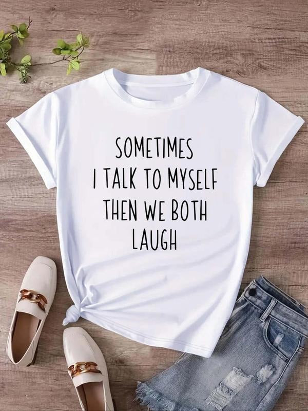 Women's Letter Print Round Neck Tee, Fashion Casual Short Sleeve T-shirt, Ladies Summer Clothes for Daily Wear style 02...