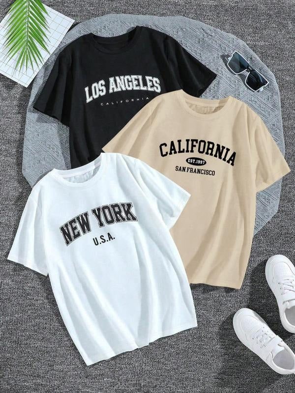 Women's Letter Print Round Neck Tee, Fashion Casual Short Sleeve T-shirt, Ladies Summer Clothes for Daily...