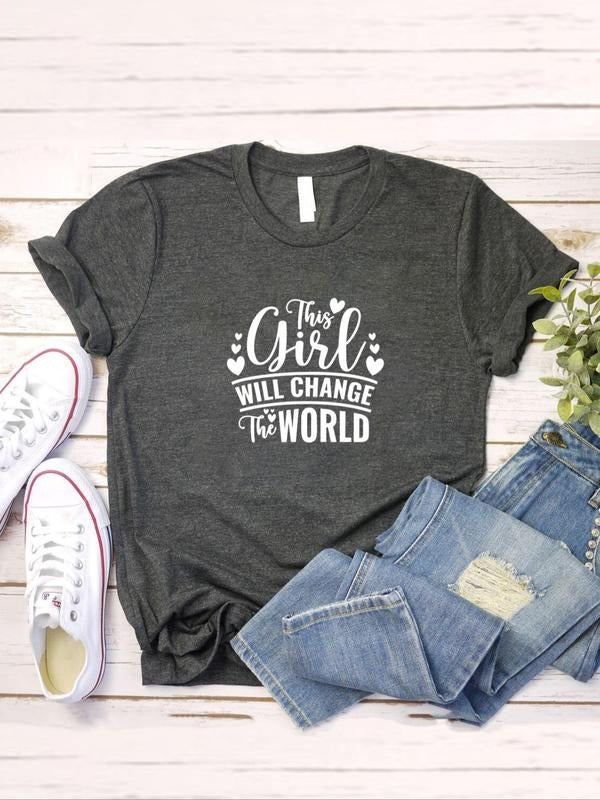 Women's Letter Print Round Neck Tee, Summer Clothes Women, Short Sleeve Crew Neck Graphic T-Shirt for Summer, Women's Top...