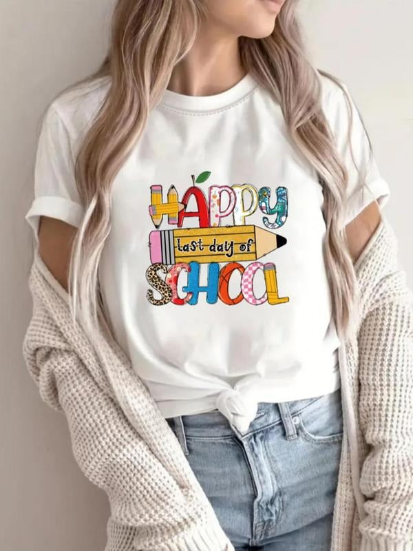 Women's Letter Print Round Neck Tee, Trendy Casual Crew Neck Short Sleeve T-shirt for Daily Wear, Ladies All Seasons...