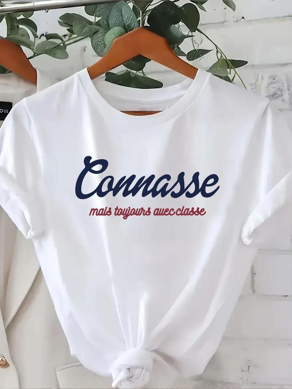 Women's Letter Print Round Neck Tee, Trendy Casual Crew Neck Short Sleeve T-shirt for Daily Wear, Ladies Summer Outfit,...