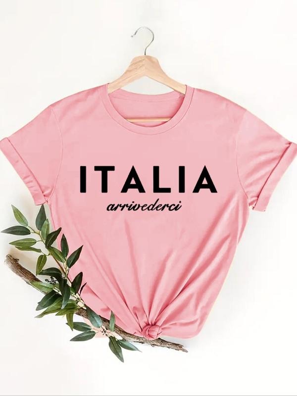 Women's Letter Print Round Neck Tee, Trendy Casual Short Sleeve Crew Neck T-shirt for Daily Wear, Ladies Summer Outfit...