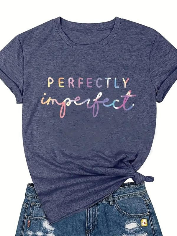 Women's Letter Print Round Neck Tee, Vintage Trendy Casual Short Sleeve T-shirt For Daily Wear, Ladies All Seasons Outfit...