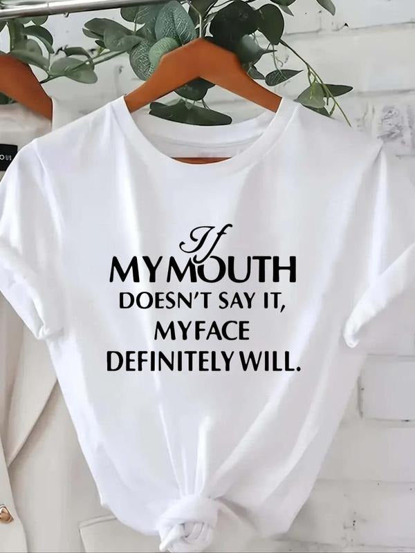 Women's Letter Print Round Neck Tee, Vintage Trendy Casual Short Sleeve T-shirt For Daily Wear, Ladies Summer Outfit...