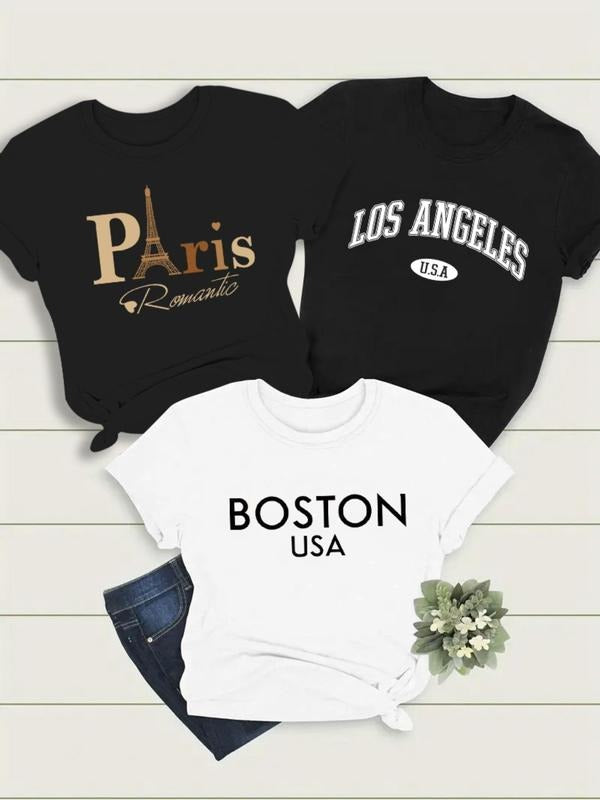 Women's Letter Print Round Neck Tee, Vintage Trendy Casual Short Sleeve T-shirt for Daily Wear, Ladies All-match  Top for...