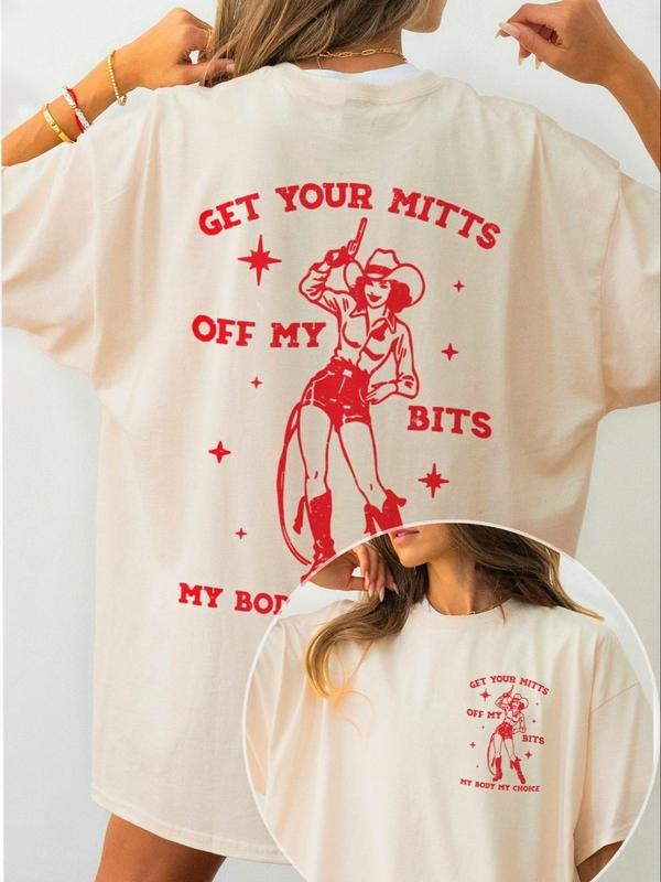 Women's Letter Print Round Neck Tee, Vintage Trendy Casual Short Sleeve T-shirt for Daily Wear, Ladies Spring & Fall...