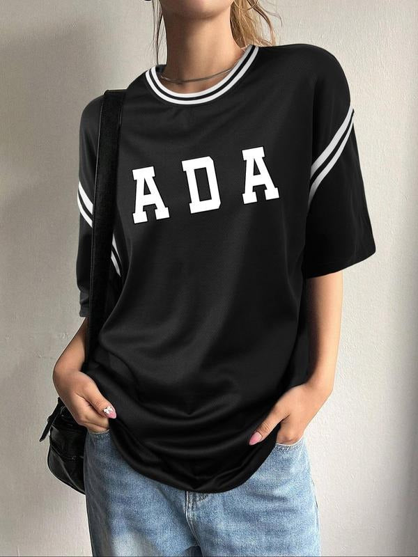 Women's Letter Print Round Neck Tee, Vintage Trendy Casual Short Sleeve T-shirt for Daily Wear, Ladies Summer Outfit...