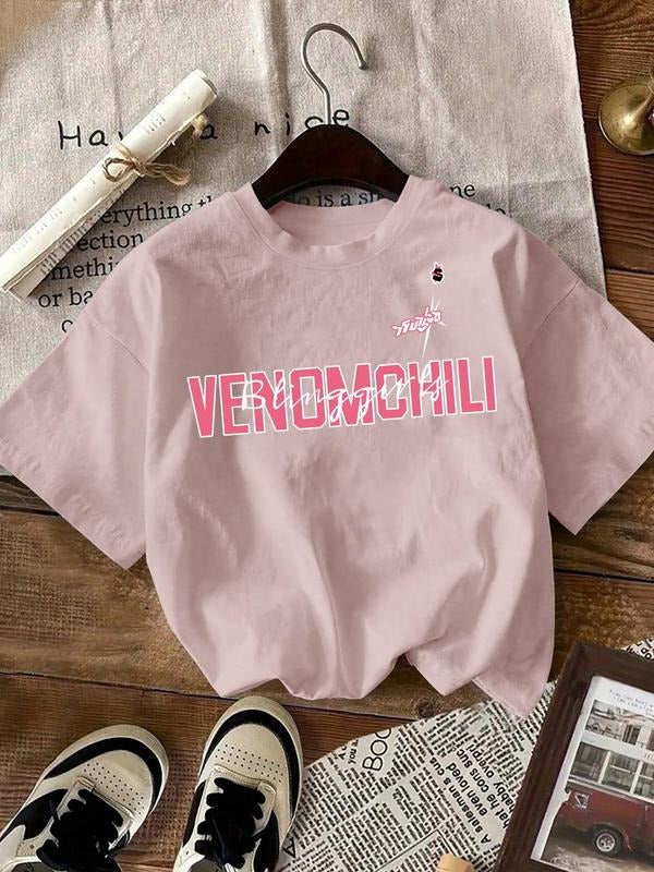 Women's Letter Print Round Neck Tee, Vintage Trendy Casual Short Sleeve T-shirt for Daily Wear, Ladies Summer Outfit, Top...
