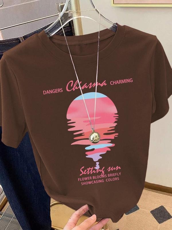 Women's Letter Print Round Neck Tee, Vintage Trendy Casual Short Sleeve T-shirt for Daily Wear, Ladies Summer Outfit,...
