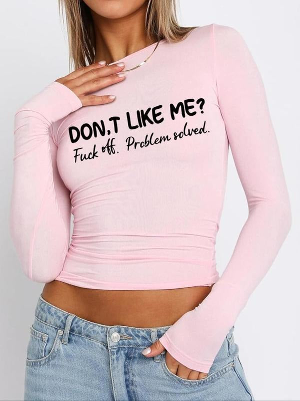 Women's Letter Print Round Neck Tee, Y2K Trendy Casual Long Sleeve T-shirt for Spring & Fall, Women's Top for Daily Wear...
