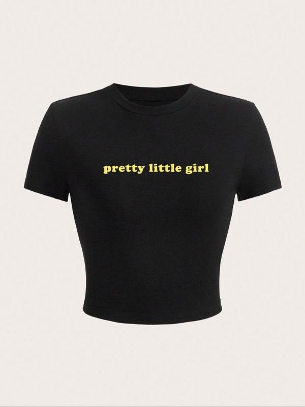 Women's Letter Print Round Neck Tee, Y2K Trendy Casual Short Sleeve T-shirt for Daily Wear, Ladies Summer Outfit Hoodie,...