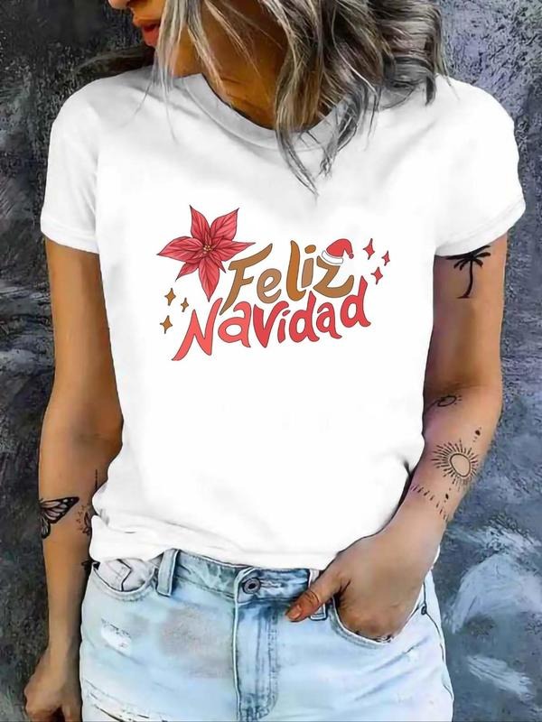 Women's Letter Print Short Sleeve T-shirt, Casual Round Neck T-shirt for Daily Wear, Ladies Clothes for All Seasons...
