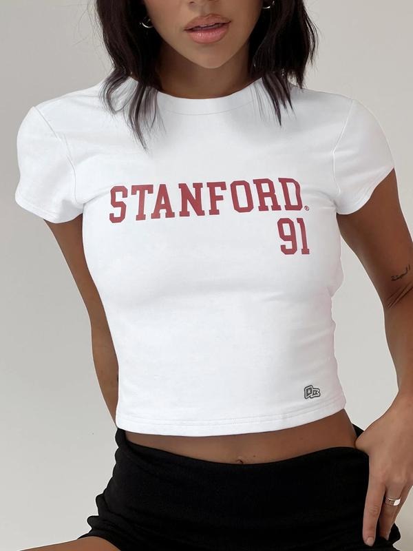Women's Letter Print Tight-fitting Round Neck Washed T-shirt, Casual Short Sleeve Crew Neck T-shirt for Daily Wear,...
