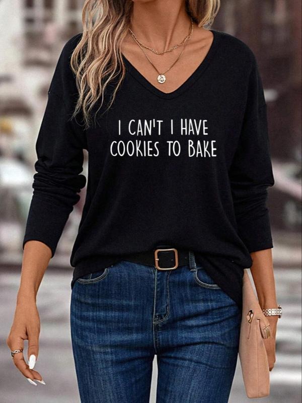 Women's Letter Print V Neck Tee, Casual Long Sleeve T-Shirt for Spring & Fall, Fashion Women's Top for Daily Wear Hoodie,...