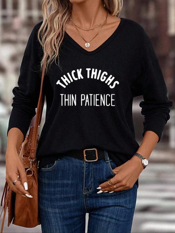Women's Letter Print V Neck Tee, Casual Long Sleeve T-Shirt, Fashion Ladies' Top for Daily Wear Hoodie, Sweatshirt