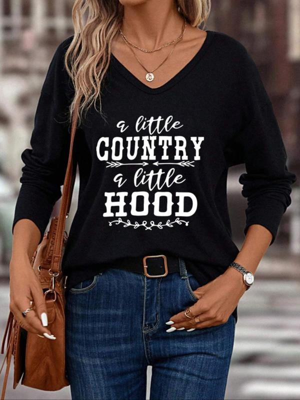 Women's Letter Print V Neck Tee, Casual Long Sleeve T-shirt for Daily Wear, Ladies Fall & Winter Outfit Hoodie, Sweatshirt