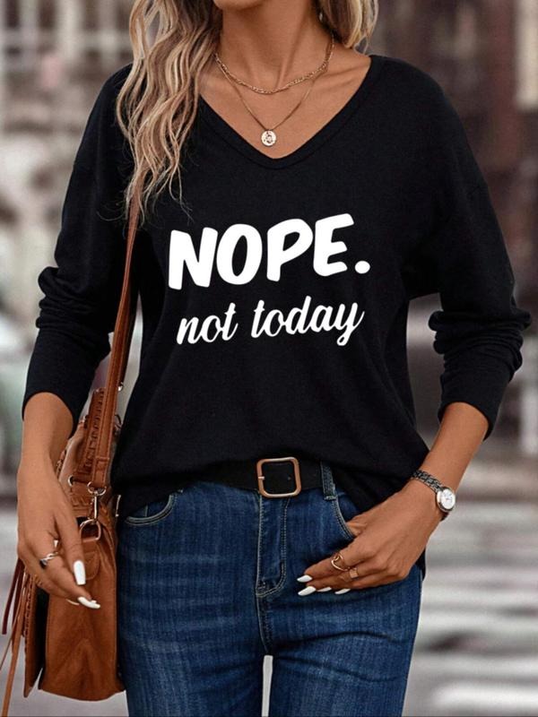 Women's Letter Print Vintage Graphic Tee, Casual Long Sleeve V Neck T-shirt for Fall & Winter, Fashion Ladies' Top for...